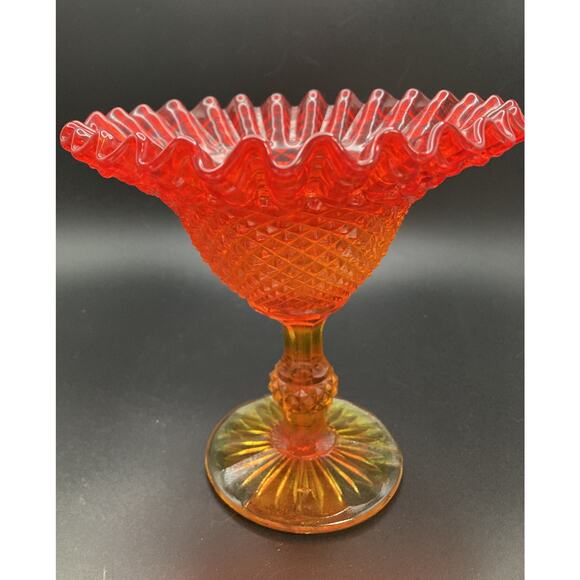 Fenton? Amberina Red / Orange Art Glass Ruffle-Edge Pedestal Bowl - Ornate Dish - Picture 9 of 12